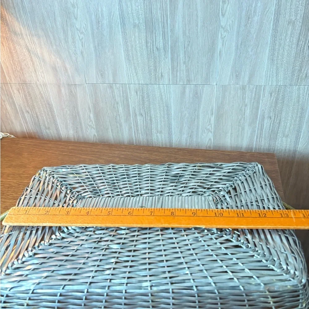 Vintage Aluminum And Brass Gray Woven Rectangular Basket with Brass-Tone Handles